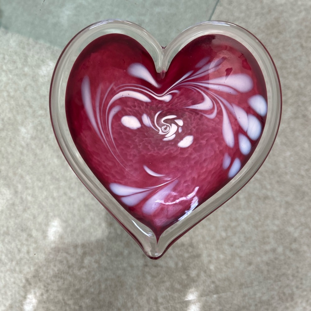 Glass Eye Designed Heart Glass Bowl - Red and White Swirl